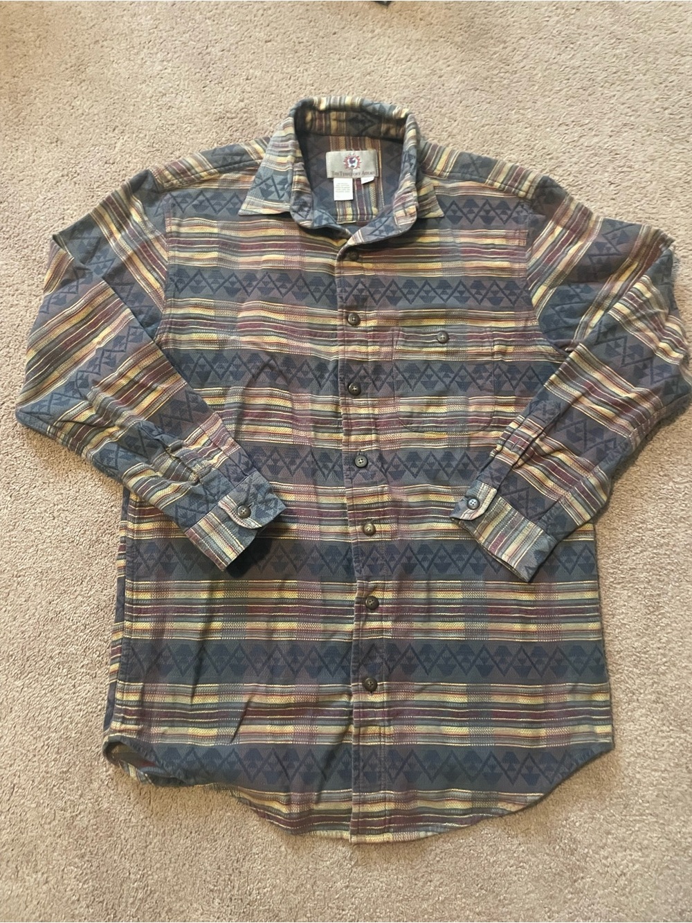 The Territory Ahead Men's Striped Button-Up Jacket in Navy, Brown & Yellow
